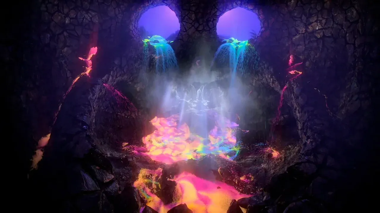 A dark cave with two glowing openings, where waterfalls of light pour into swirling pink and gold color below.