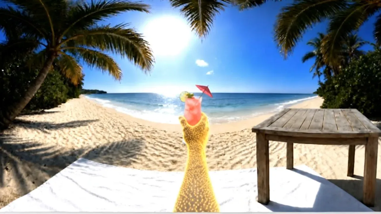 A sunlit beach under palm trees, with a wooden table and a sparkling golden hand holding up a pink drink.