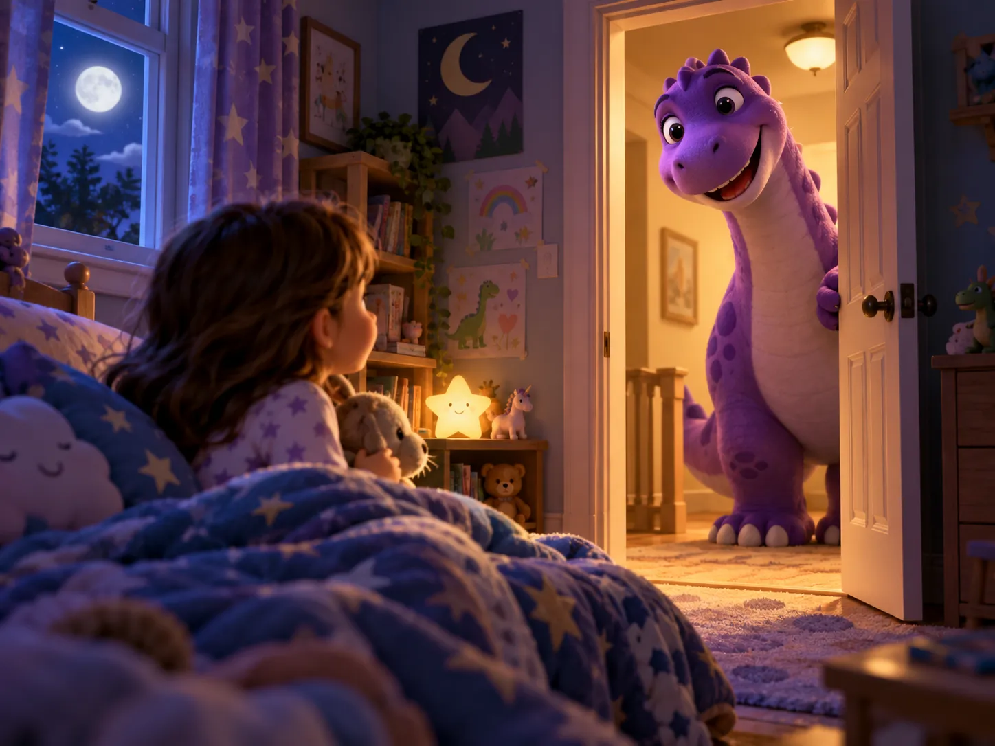 A child in bed smiles at a friendly purple dinosaur standing in the bedroom doorway.
