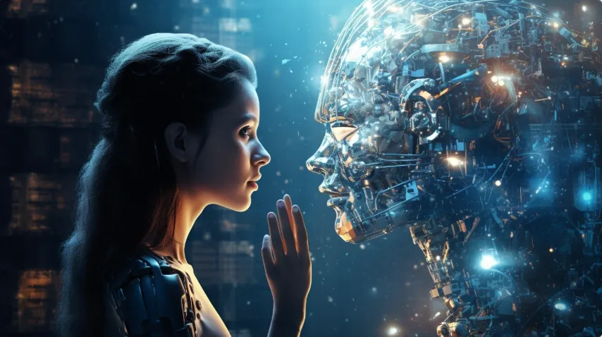 A woman and a luminous machine face regard each other across a field of light.
