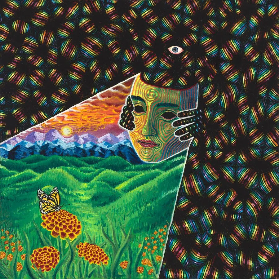A painted face peels back like a mask to reveal a landscape of hills and sky beneath a patterned surface.
