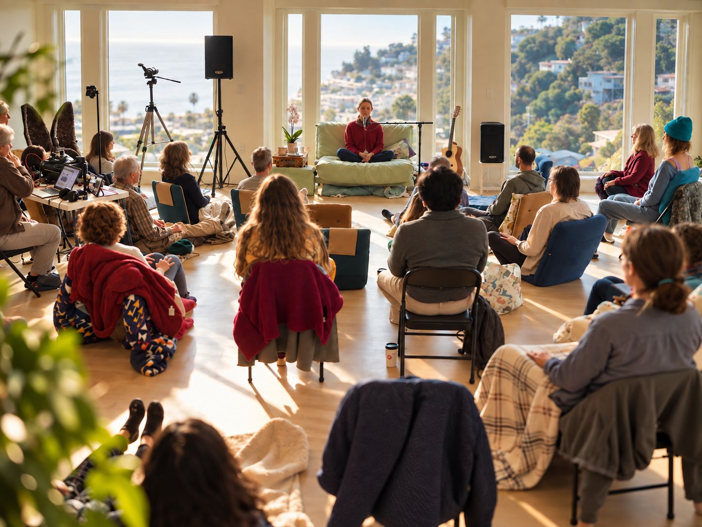 People seated on chairs and cushions around a speaker in a sunlit room, with San Francisco Bay visible through tall windows.