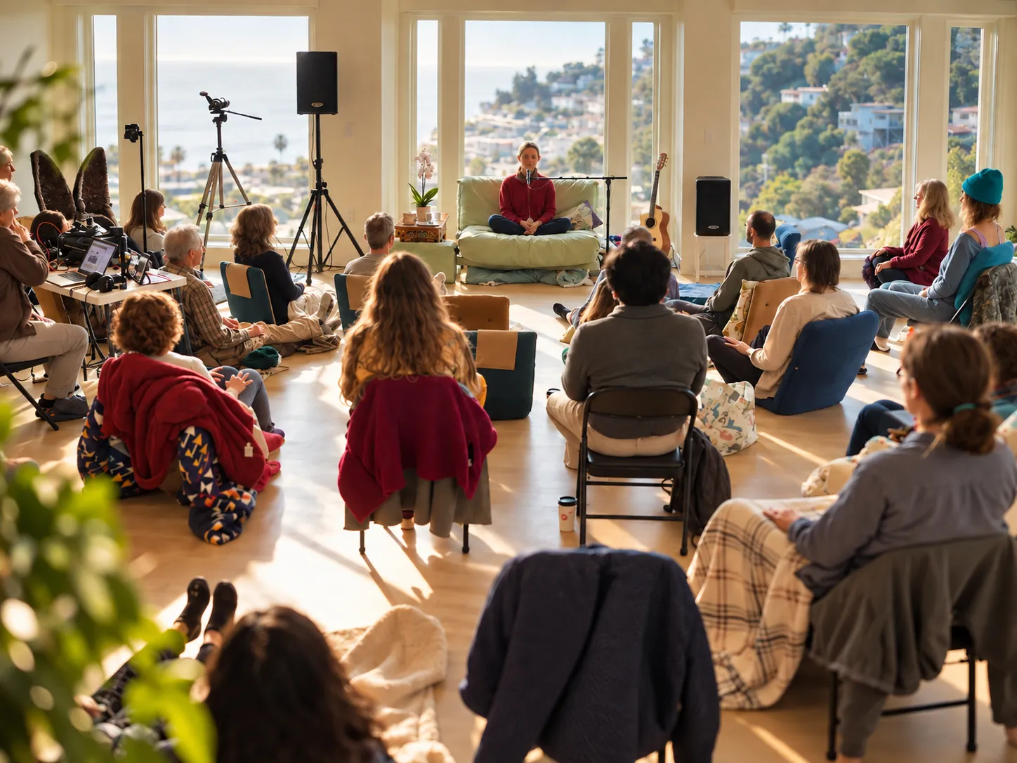 People seated on chairs and cushions around a speaker in a sunlit room, with San Francisco Bay visible through tall windows.
