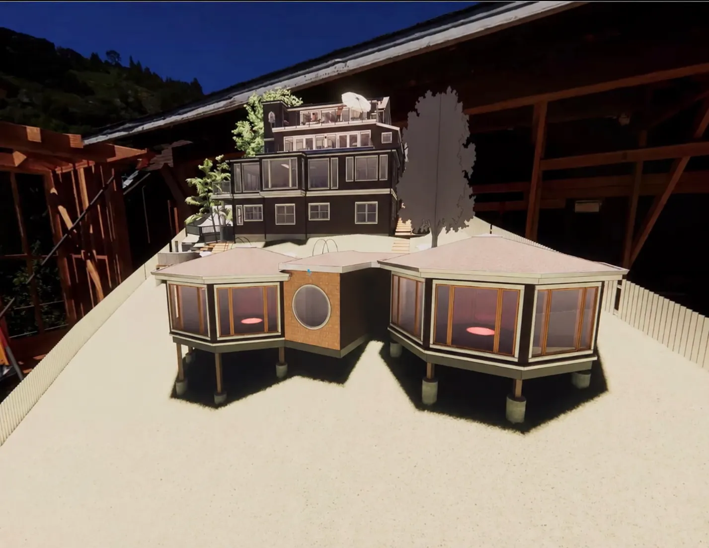 A rendering of the house above two octagonal garden pavilions, lit at dusk.