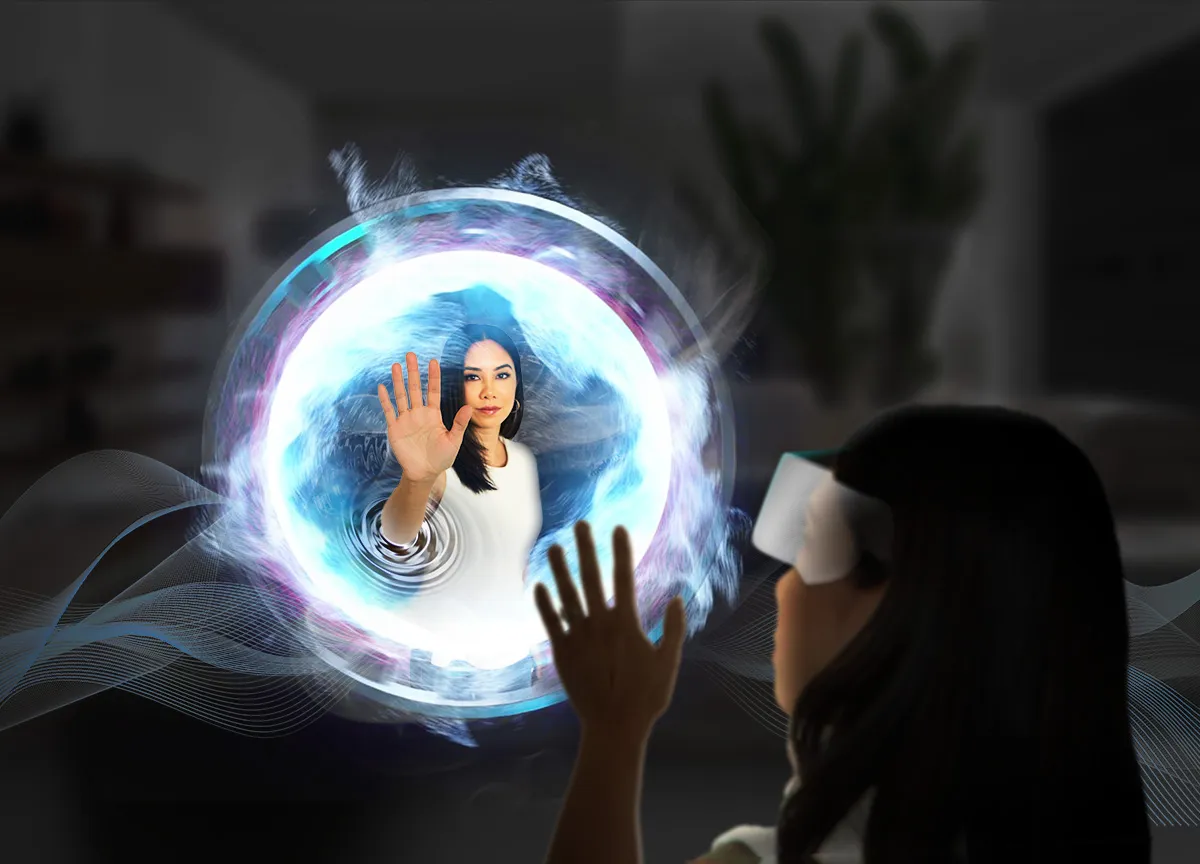 A person wearing a VR headset reaches toward a glowing mirror image.