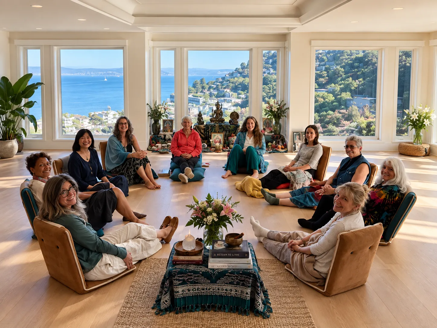A group seated in a circle on floor chairs and cushions in a sunlit room at Presence Park, overlooking San Francisco Bay.