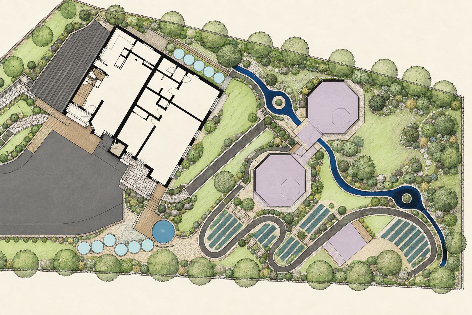 Illustrated detail of the Presence Park landscape master plan, showing the main building, two octagonal pavilions, winding paths, and planted gardens.
