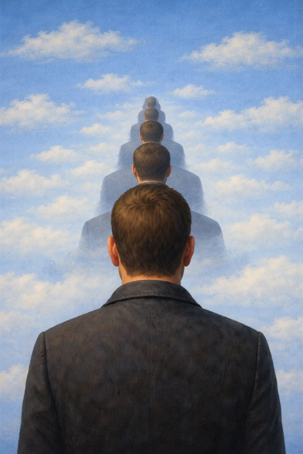 A man seen from behind, his head opening onto a receding stack of figures against a cloudy sky.