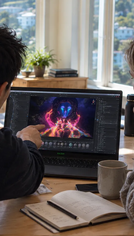 A collaborator points to an immersive scene on a laptop screen at the Presence Park worktable.