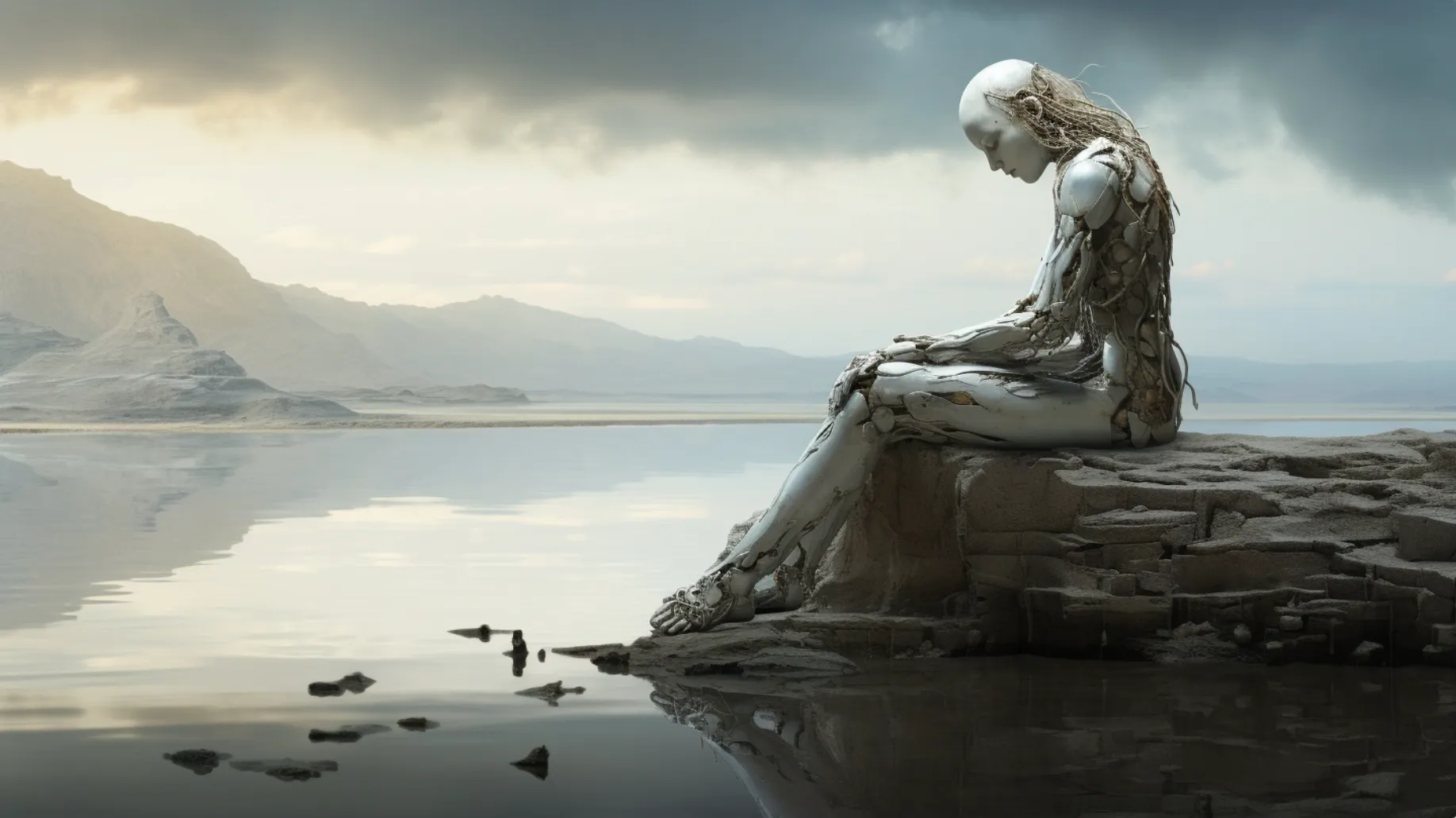 A humanoid robot sits alone on a rock at the edge of still water, looking at its reflection.