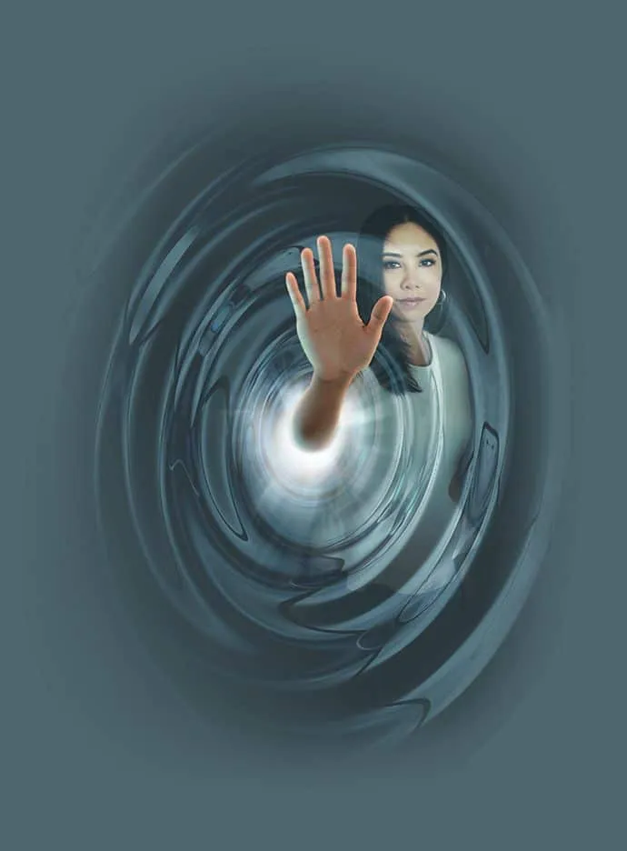 A woman reaches out through a swirling portal.