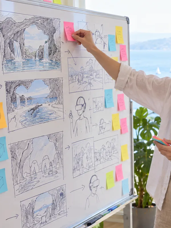 At the studio wall, a hand adds a sticky note to a hand-drawn storyboard for a VR scene.
